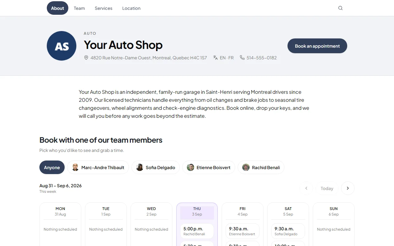 Public booking page for Your Auto Shop