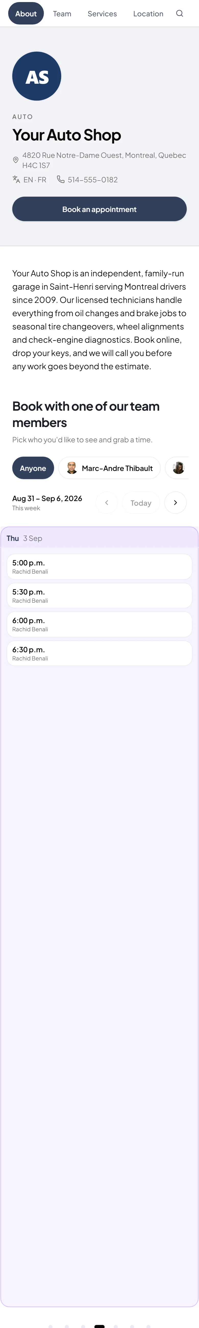 Public booking page for Your Auto Shop