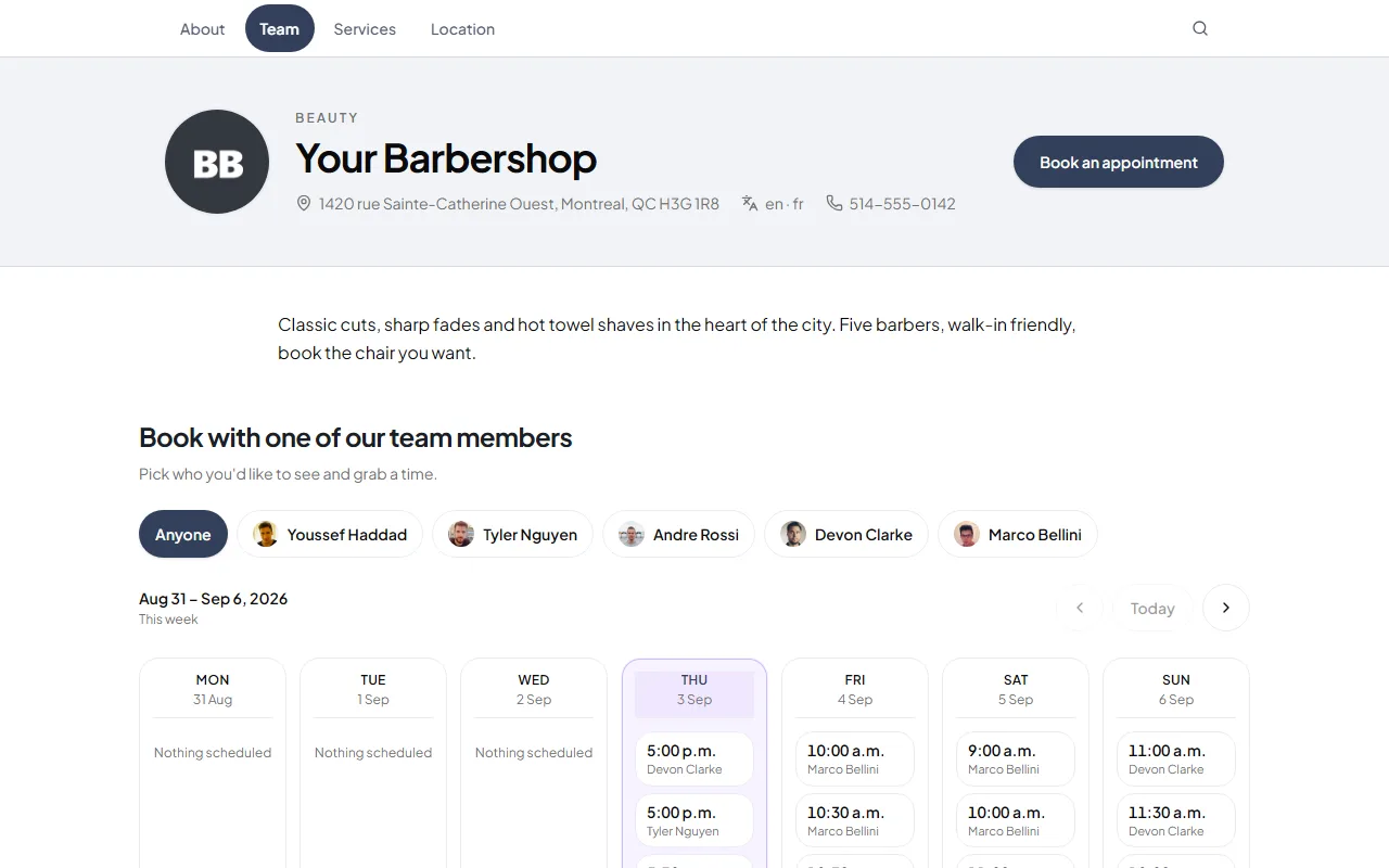 Public booking page for Your Barbershop