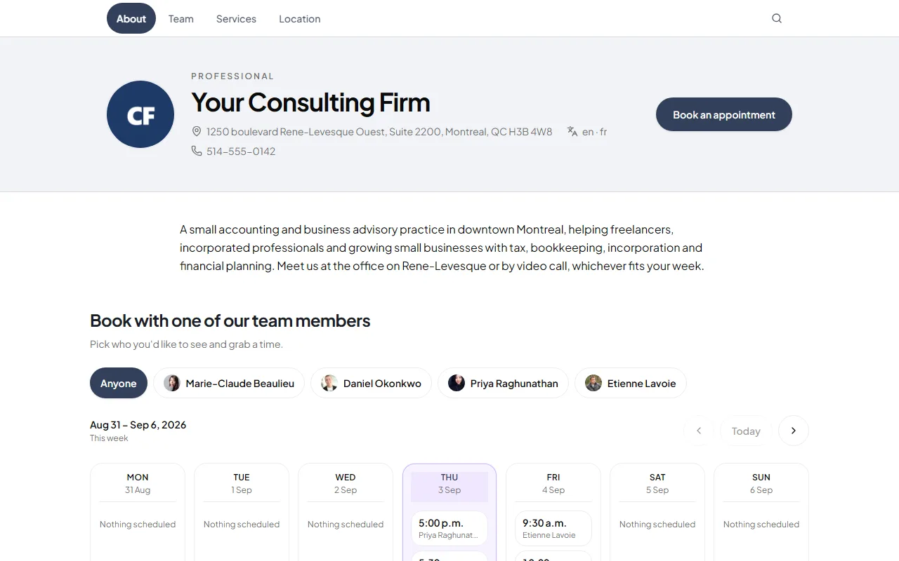 Public booking page for Your Consulting Firm