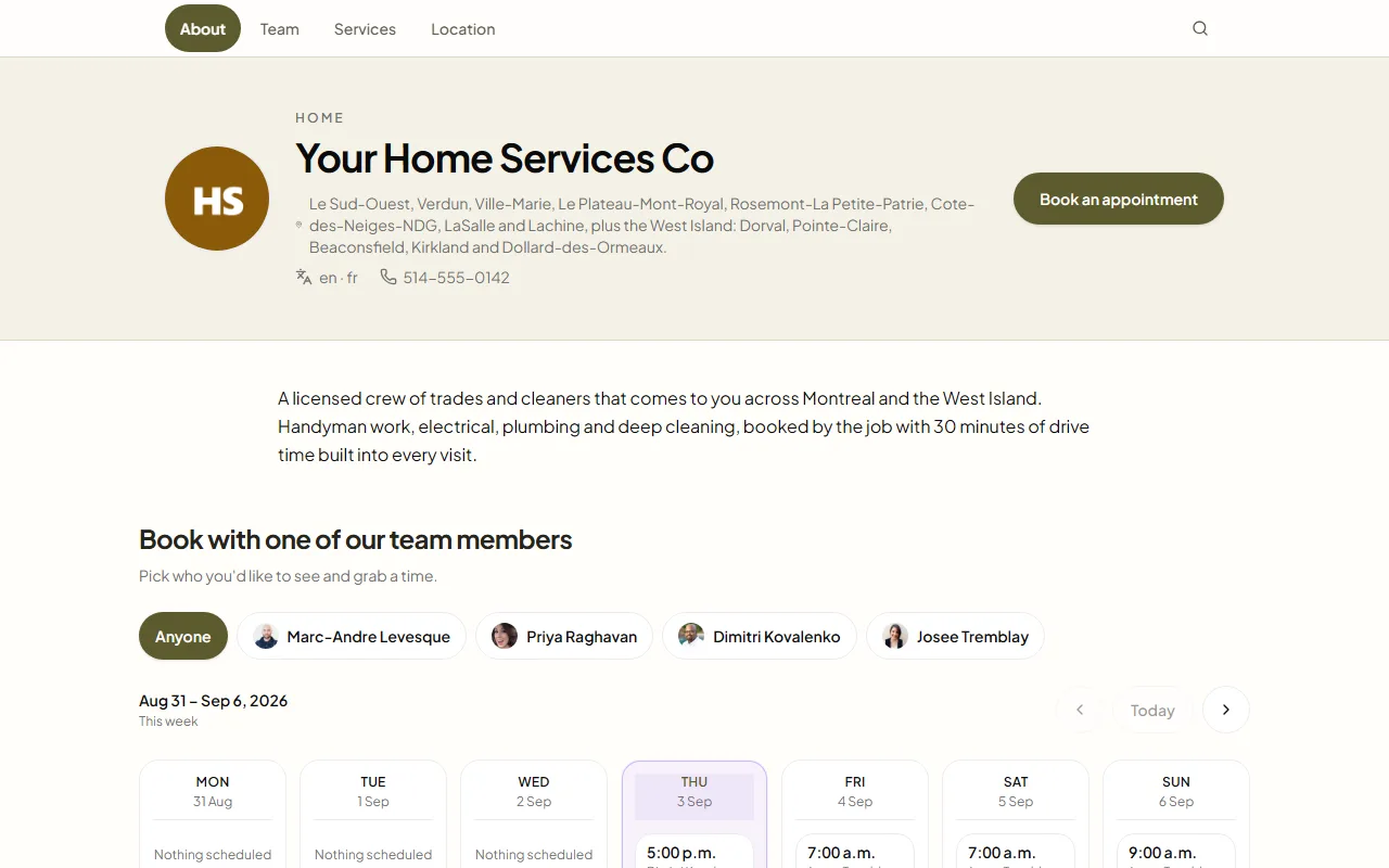 Public booking page for Your Home Services Co