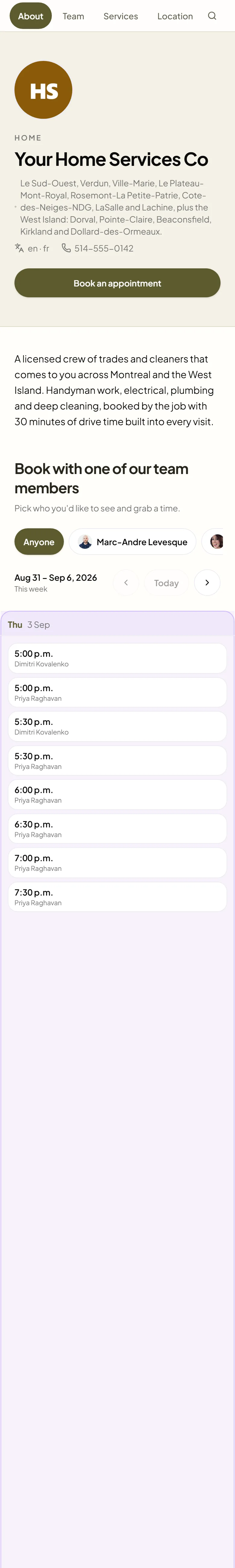 Public booking page for Your Home Services Co
