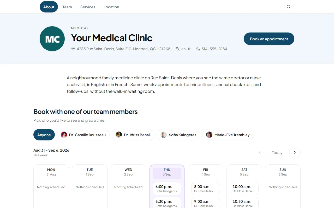 Public booking page for Your Medical Clinic
