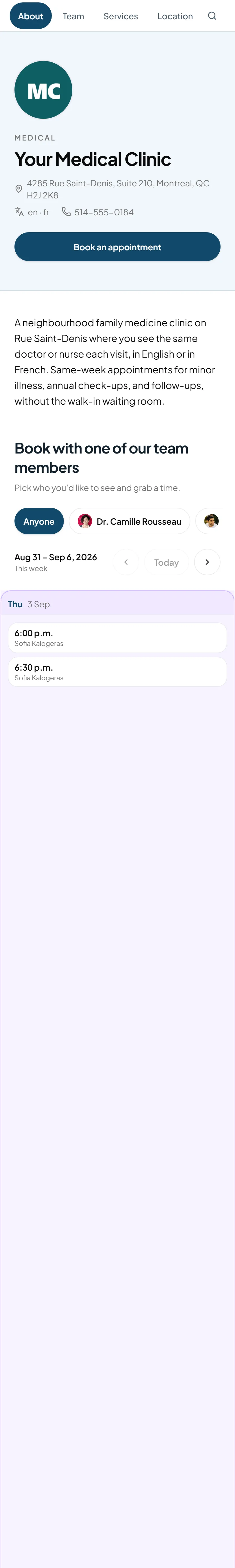 Public booking page for Your Medical Clinic