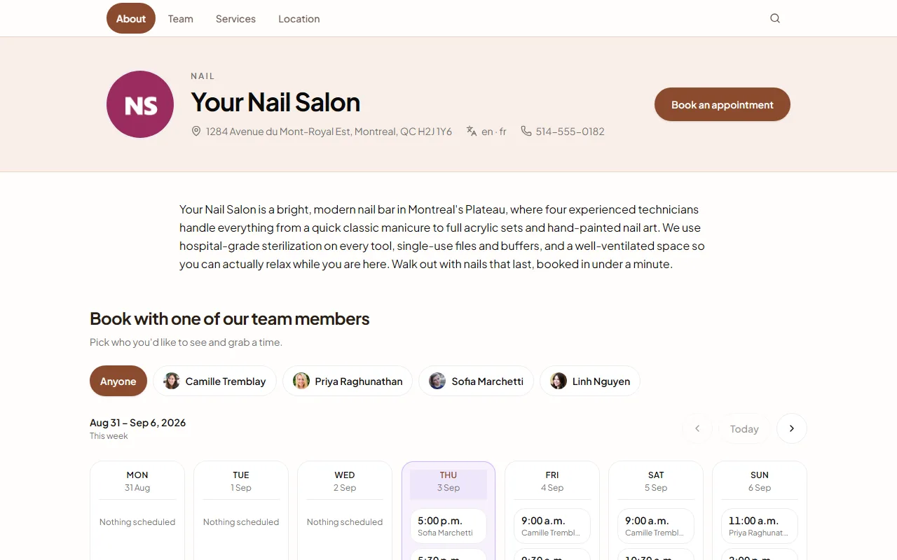 Public booking page for Your Nail Salon