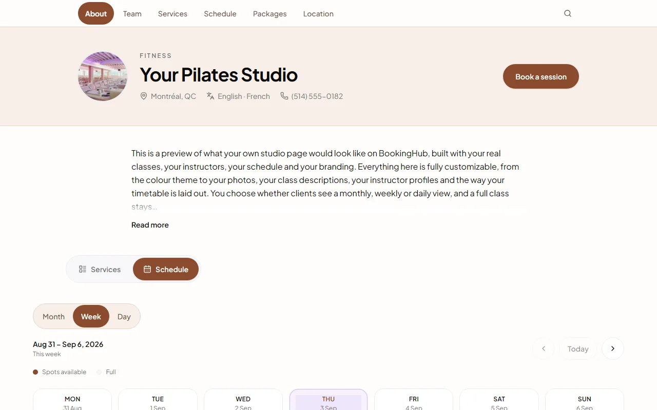 Public booking page for Your Pilates Studio