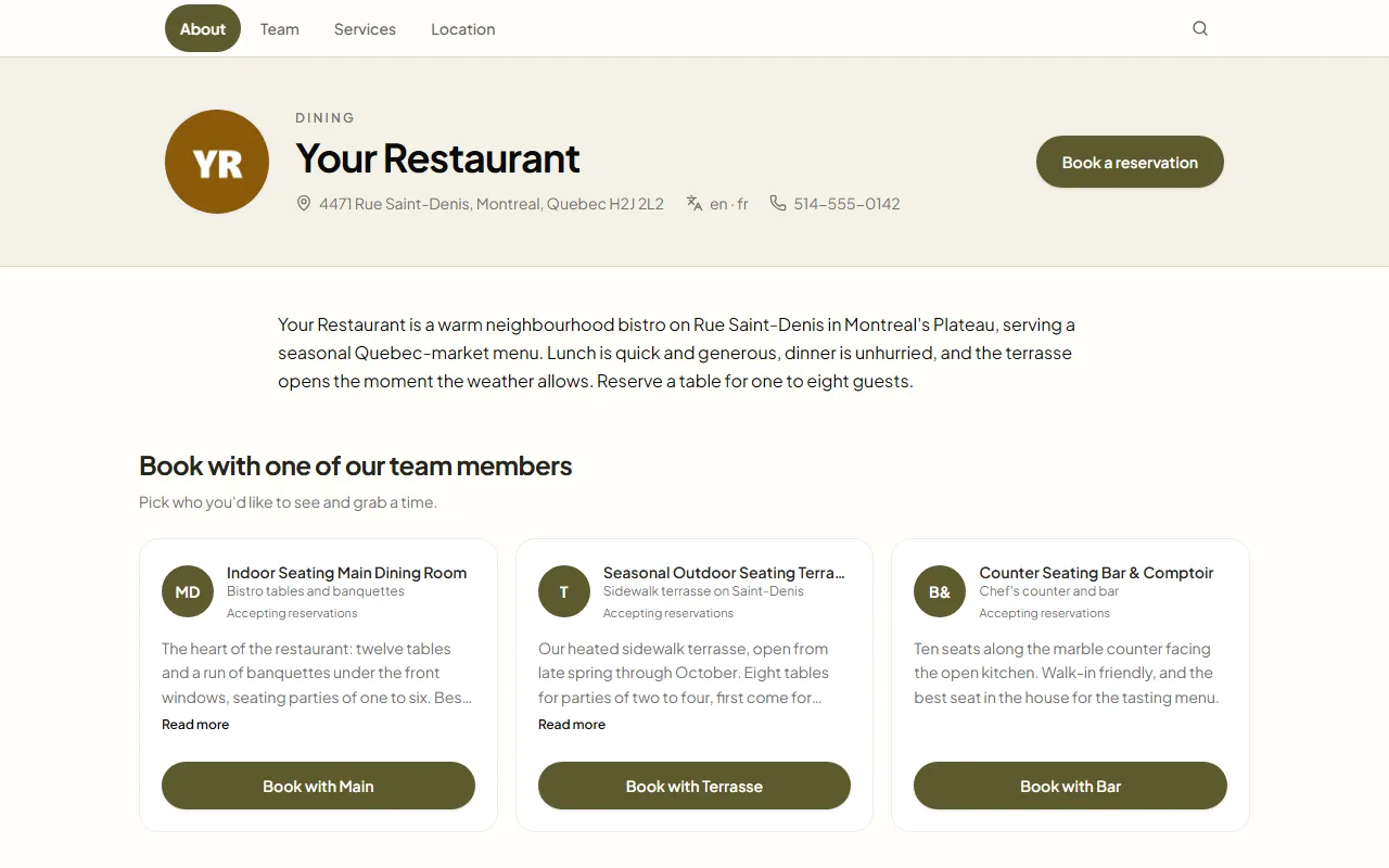 Public booking page for Your Restaurant