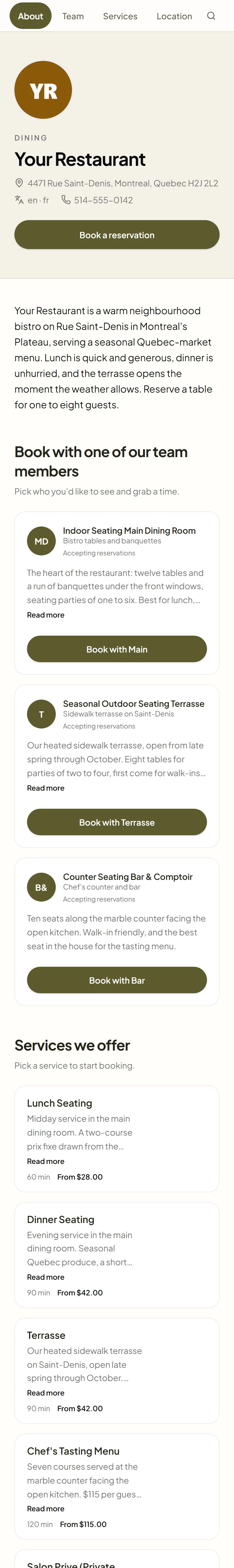 Public booking page for Your Restaurant