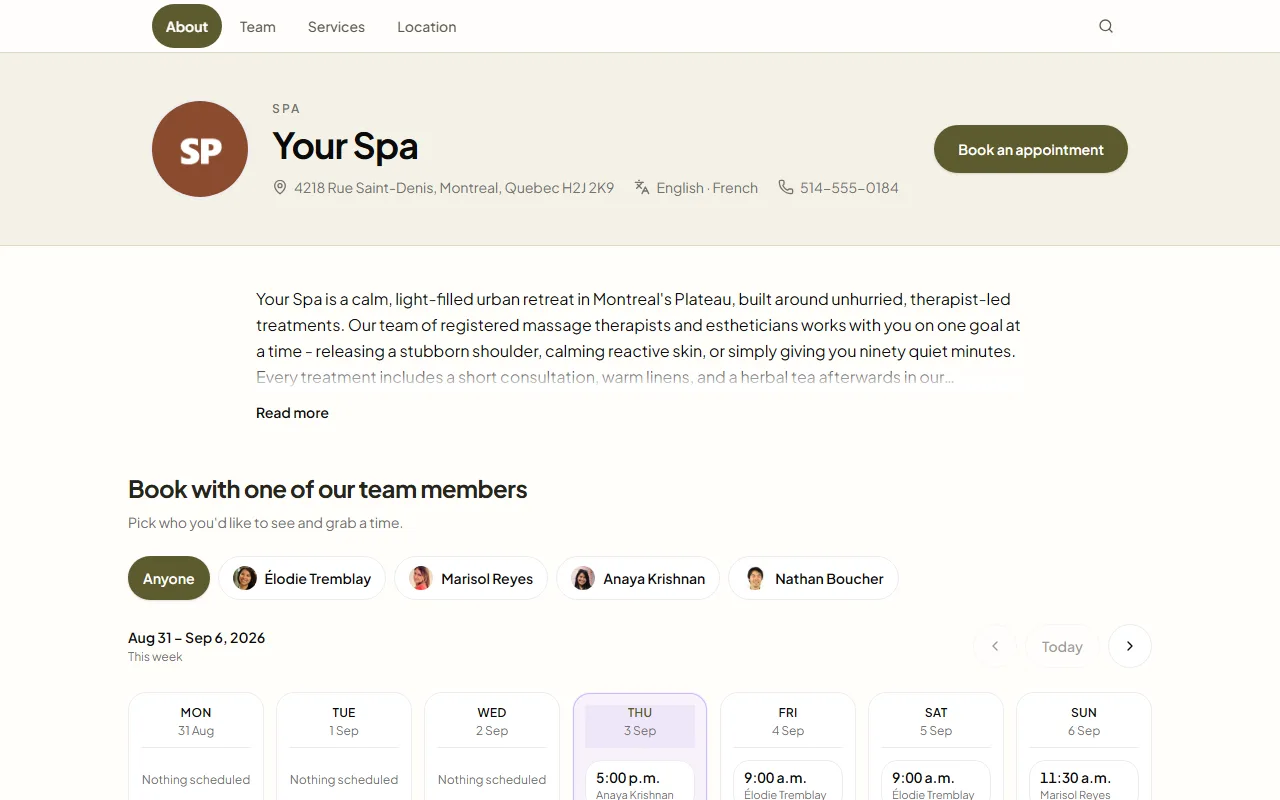 Public booking page for Your Spa