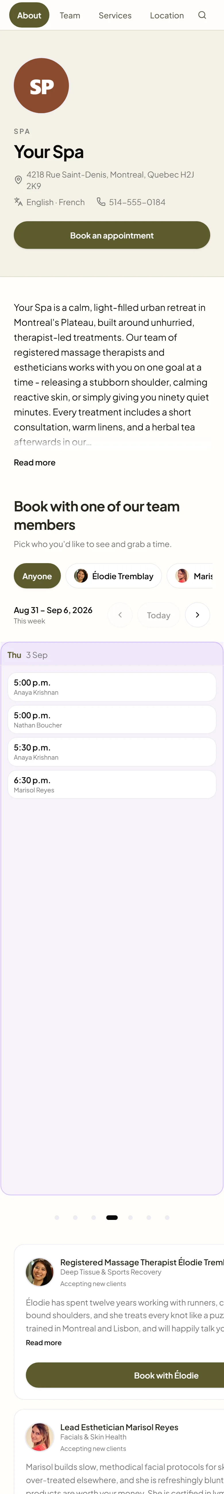 Public booking page for Your Spa