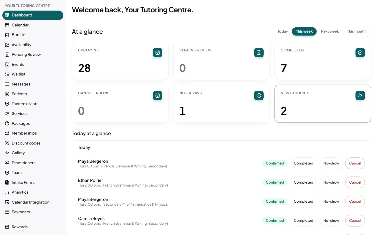 Your Tutoring Centre: Your day at a glance