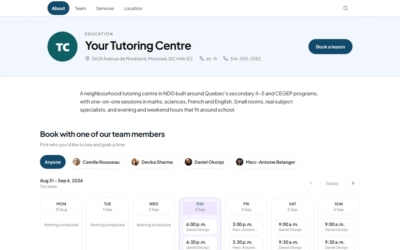 Public booking page for Your Tutoring Centre