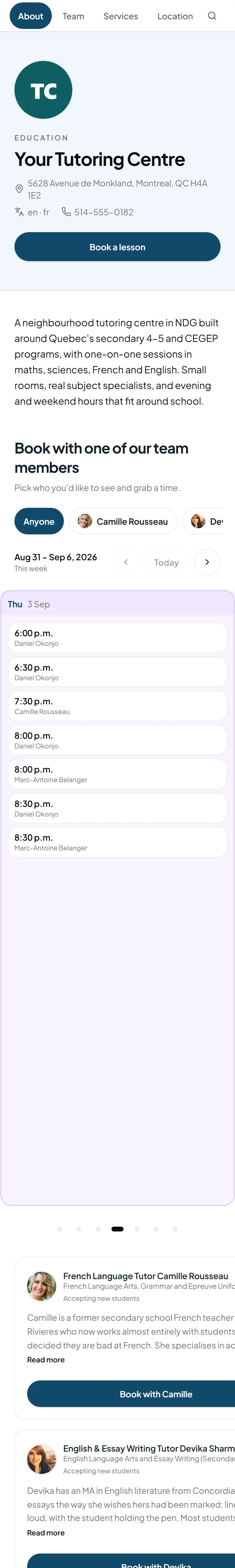 Public booking page for Your Tutoring Centre