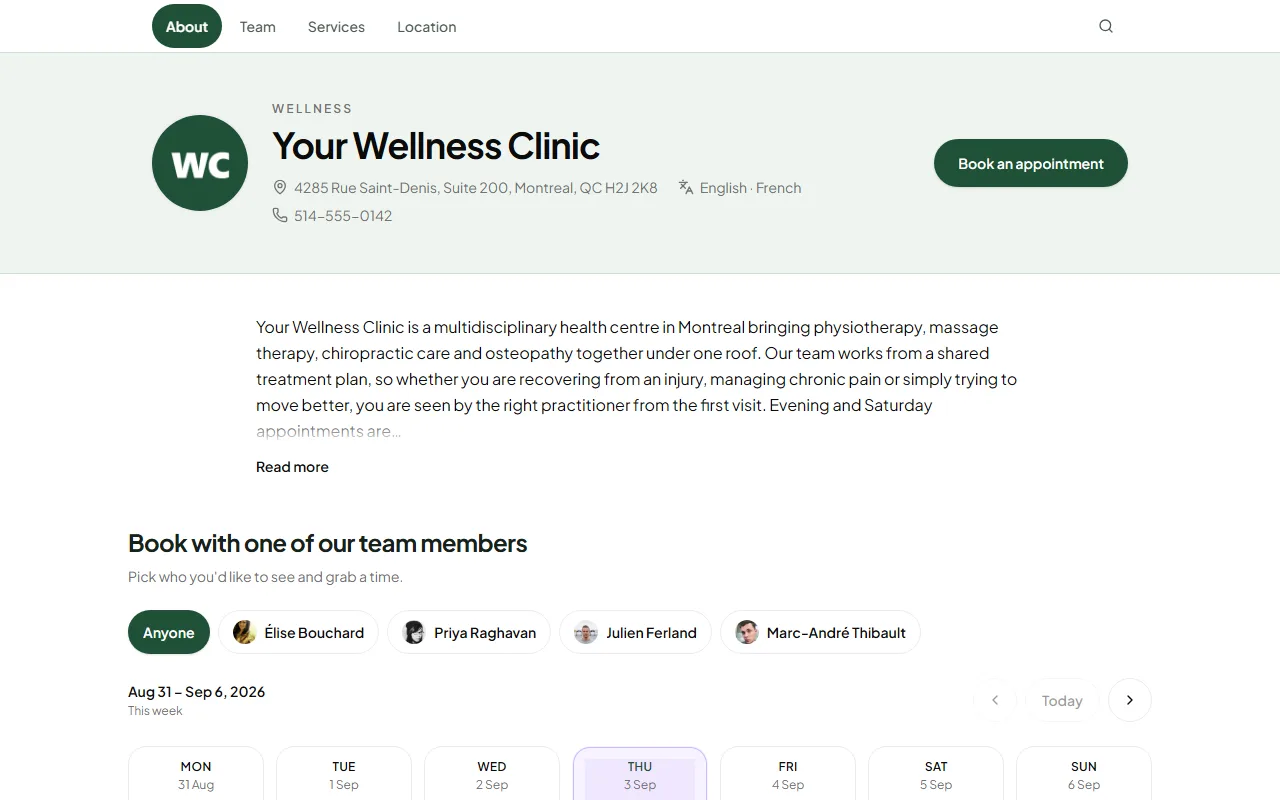 Public booking page for Your Wellness Clinic