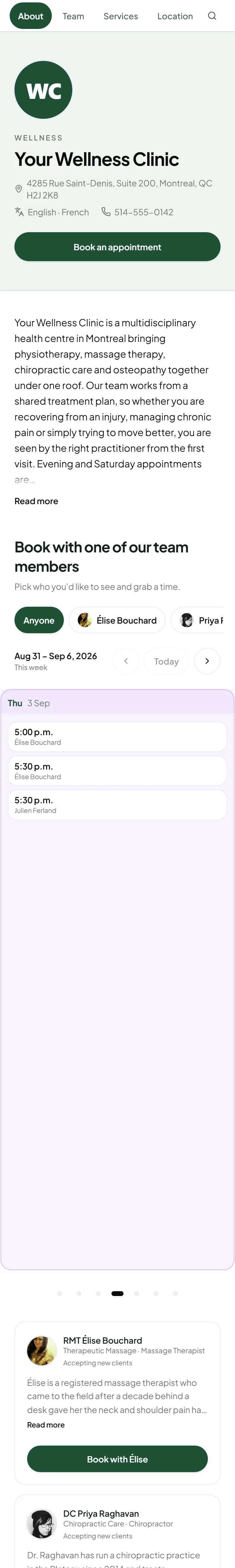 Public booking page for Your Wellness Clinic